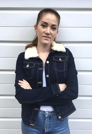 WOMENS DARK BLUE DENIM FAUX FUR COLLAR SHERPA JACKET COAT