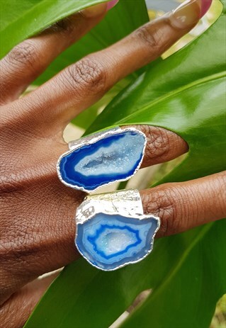 SILVER MEGA BLUE CRYSTAL GEMSTONE ADJUSTABLE STATEMENT RING