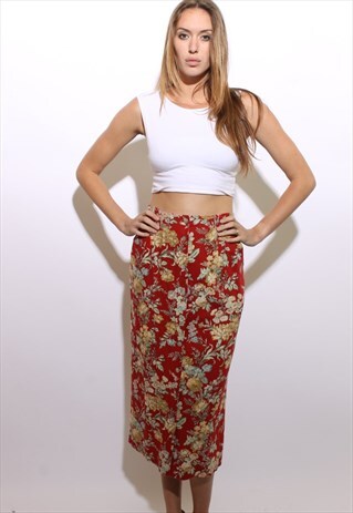 VINTAGE 1990'S 90'S RED ENGLISH FLORAL LINEN MAXI SKIRT M-L