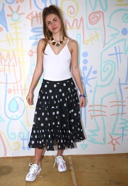 Skirt Vintage 80s Black Knee Length With Polka Dots Size 12