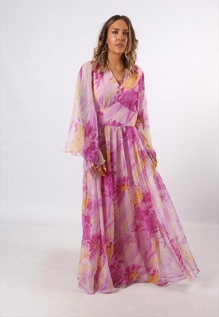 DRESS PATTERNED FLORAL PRINT VINTAGE LONG UK 12 (GG3S)