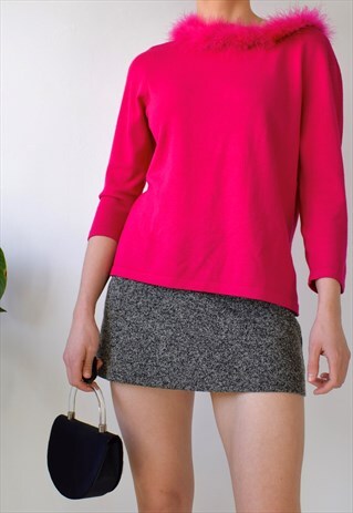 VINTAGE 90S FAUX FUR COLLAR TRIM FINE KNIT JUMPER TOP