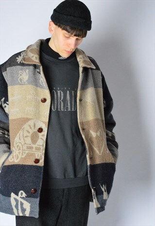 VINTAGE 90S BEIGE GREY GRAPHIC WOOL BLEND COAT