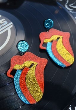 Rolling Stones Tongue Glitter Acrylic Earrings - Glam Rock