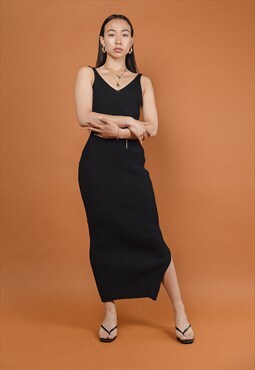 Geneva Long Black Maxi Ribbed Knit Dress