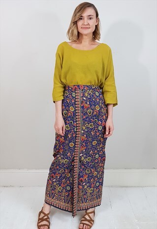 VINTAGE 80'S NAVY BLUE AND RED MAXI PENCIL SKIRT
