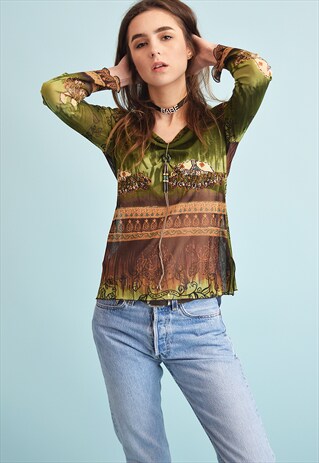 90'S RETRO BOHO STYLE KITSCH MESH SHEER TEEN TOP BLOUSE