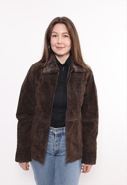 90s leather sherpa jacket, vintage brown aviator jacket,