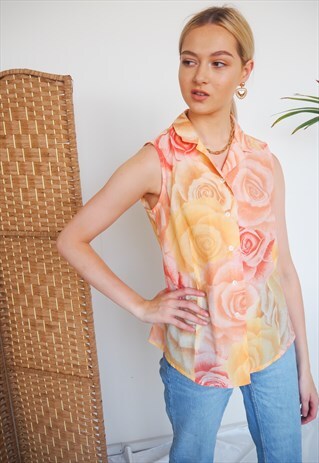 VINTAGE ORANGE FLORAL SLEEVELESS SHIRT