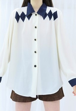 80s Vintage Cream & Navy Embroidered Shirt Blouse (Size L)