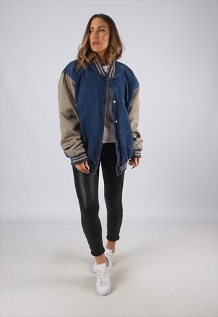 VINTAGE DENIM BOMBER JACKET OVERSIZED LINED UK 18 XXL (GCAB)