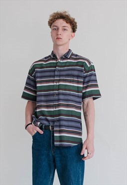 Vintage 90s Multicolor Stripe Short Sleeve Button Up Shirt M