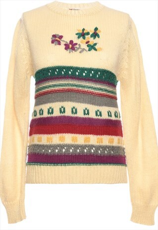 BEYOND RETRO VINTAGE EMBROIDERED PALE YELLOW JUMPER - M