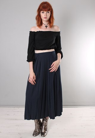 VINTAGE 80S POLKA DOT PATTERNED PLEAT FRONT MIDI SKIRT