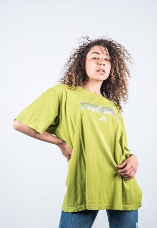 VINTAGE ADIDAS T-SHIRT IN GREEN WITH SILVER STOCKHOLM PRINT
