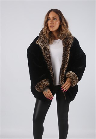 VINTAGE FAUX FUR COAT BOMBER JACKET LEOPARD PRINT (H4F)