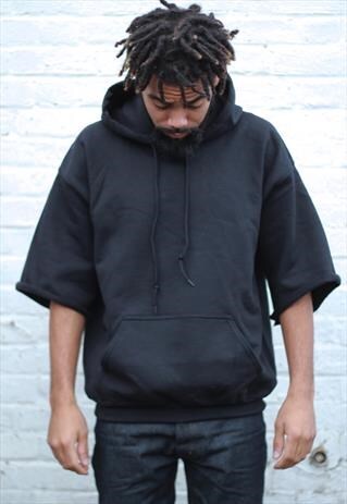 SALE - JET BLACK CROPPED SLEEVE RETRO FIT HOODIE