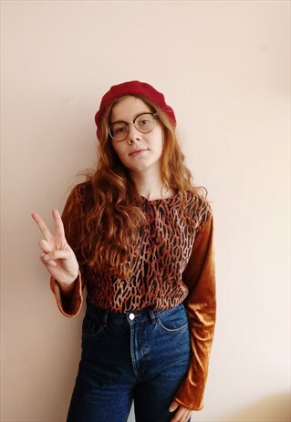 90S GRUNGE 80S VINTAGE AUTUMN VELVET ANIMAL PRINT LONG TOP