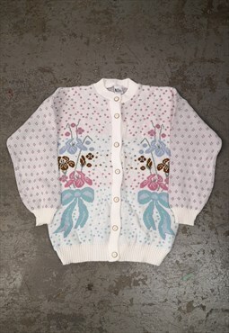 Vintage Knitted Patterned Cardigan Cute Cottagecore Flower 