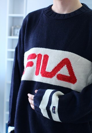 VINTAGE 90S FILA KNITTED SPELLOUT LOGO CREWNECK JUMPER NAVY