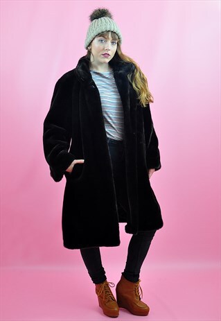 VINTAGE LONG BROWN FAUX FUR TEDDY COAT