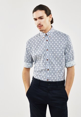 BLUE PRINTED SLIM FIT WITH TOBACCO CONTRAST BUTTONS