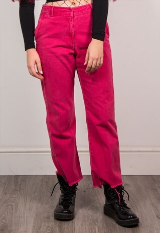 VINTAGE 90'S HOT PINK RED DENIM HIGH WAIST RAW HEM JEANS