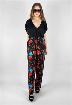 80's Vintage Ladies Black Floral Red Blue Trousers