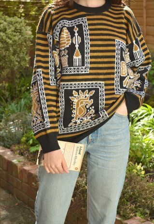 80S VINTAGE BLACK AND YELLOW AZTEC PATTERN KNIT JUMPER