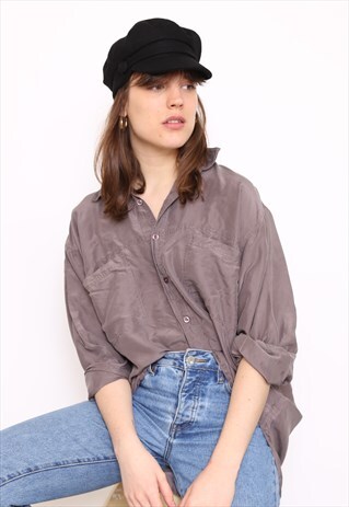 VINTAGE 90S GREY SILK OVERSIZED BLOUSE SHIRT