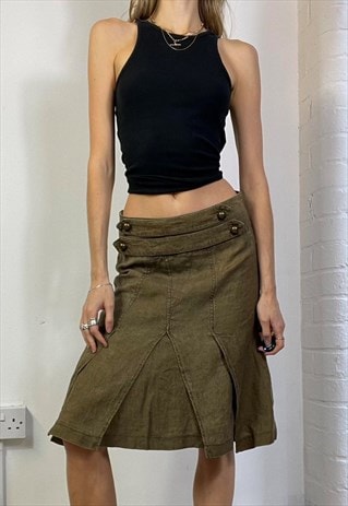 Vintage Y2k Low Rise Linen Midi Skirt Khaki