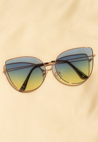 Blue Green Gradient Butterfly Wire Frame Cat Eye Sunglasses