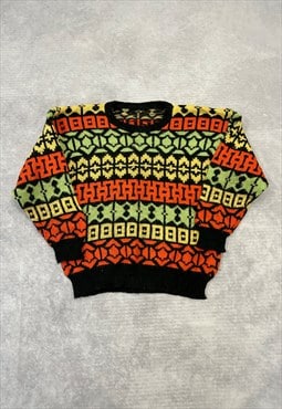 Vintage Knitted Jumper Abstract Patterned Bright Sweater
