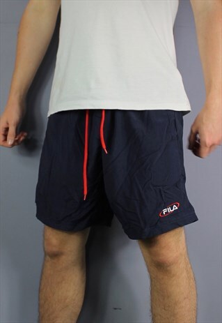 VINTAGE FILA SHORTS IN NAVY BLUE WITH POCKETS, EMBROIDERED L