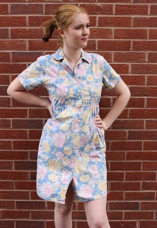 VINTAGE 90S MINI DRESS PASTEL BLUE PINK YELLOW FLORAL DENIM