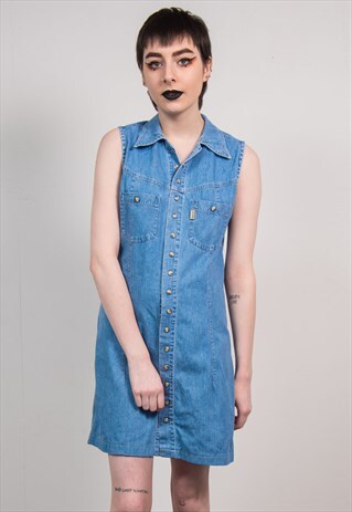 VINTAGE 90'S DENIM SLEEVELESS MINI SHIRT DRESS