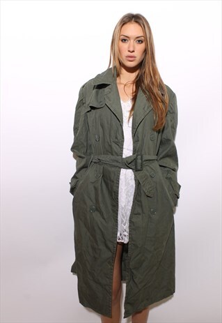 VINTAGE 1970'S 70'S GREEN COTTON MILITARY TRENCH COAT L-XL