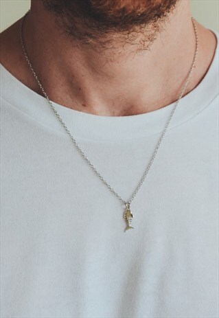 FISH BONE NECKLACE FOR MEN, SILVER PENDANT, LINK CHAIN