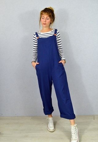 Full Length Cotton Dungarees Relaxed Fit Long Navy Workwear 