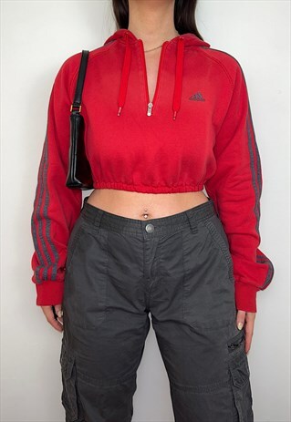 REWORKED ADIDAS RED Y2K 1/4 ZIP CROPPED HOODIE