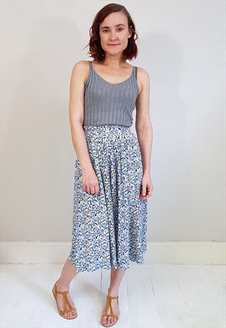 VINTAGE 90'S BLUE DITSY FLORAL MIDI SKIRT