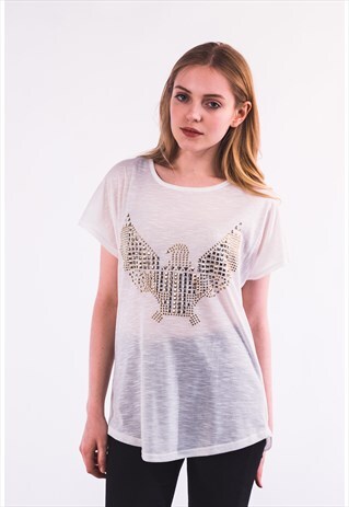 SHORT SLEEVE T SHIRT WITH GOLD GEOMETRIC EAGLE DESIGN WHITE