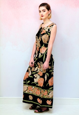 1990S VINTAGE BLACK FLORAL MIDI DRESS