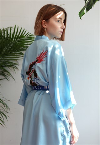 VINTAGE 90S POSH SATIN LOOK DRAGON EMBROIDERY KIMONO