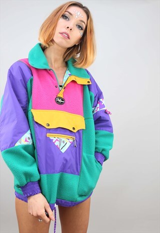 VINTAGE 90S OVERSIZED 1/4 ZIP COLOURFUL FESTIVAL FLEECE