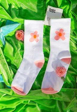 Bright Pink Single Cartoon Flower Motif Socks