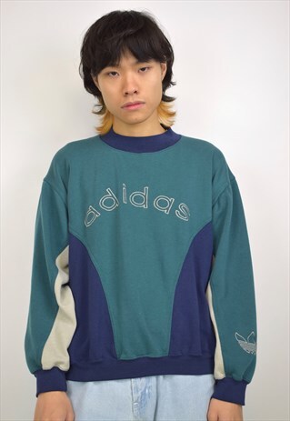 VINTAGE 90S ADIDAS GREEN NAVY CREAM PANEL SWEATSHIRT