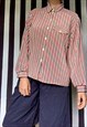 VINTAGE 80S RED BLACK STRIPES BLOUSE, BALLOON SLEEVES UK14