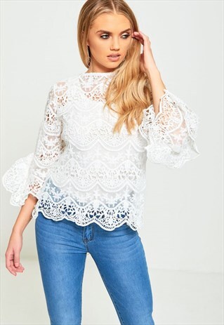 WHITE FRILL SLEEVE LACE TOP