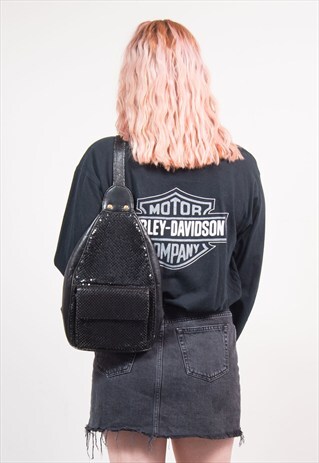 90'S VINTAGE BLACK SEQUIN FAUX LEATHER RUCKSACK BACKPACK